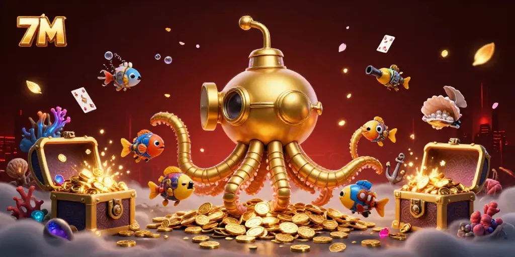 Experience the excitement of 7M with a golden kraken submarine amidst treasures and vibrant casino elements.