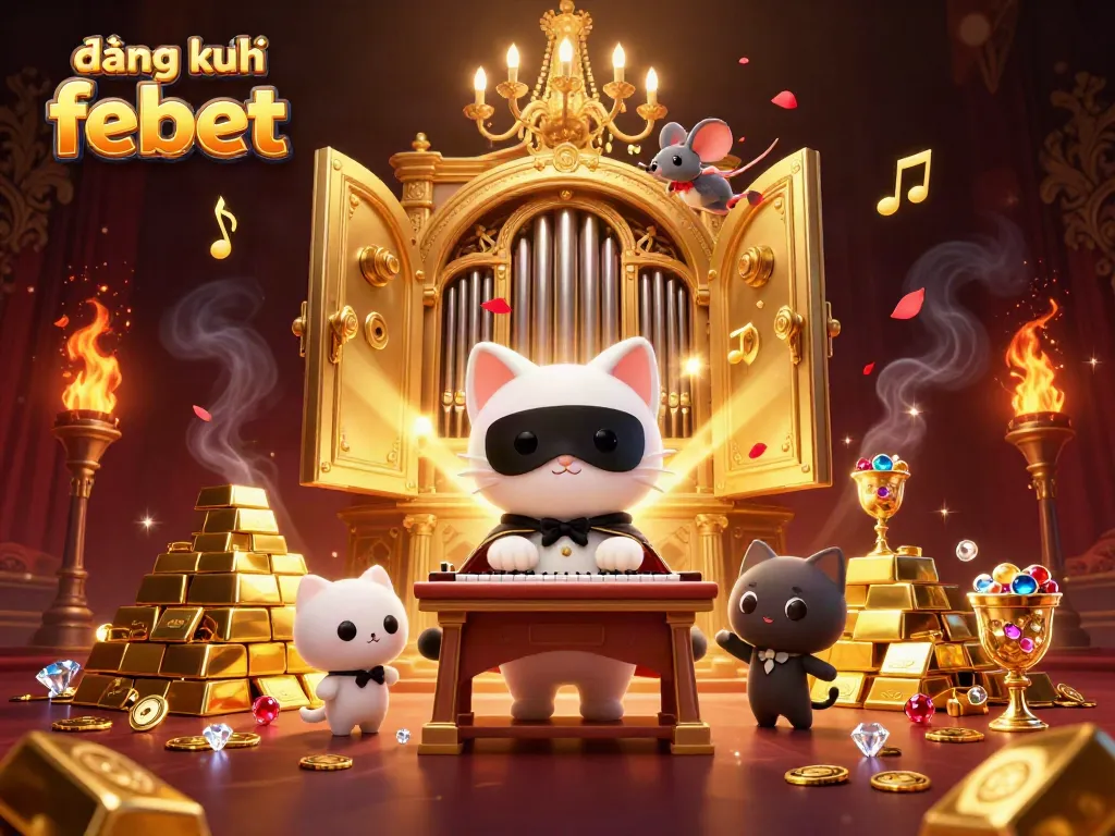 Engaging scene showcasing đăng ký febet with a 3D cartoon cat, musical elements, and casino treasures.