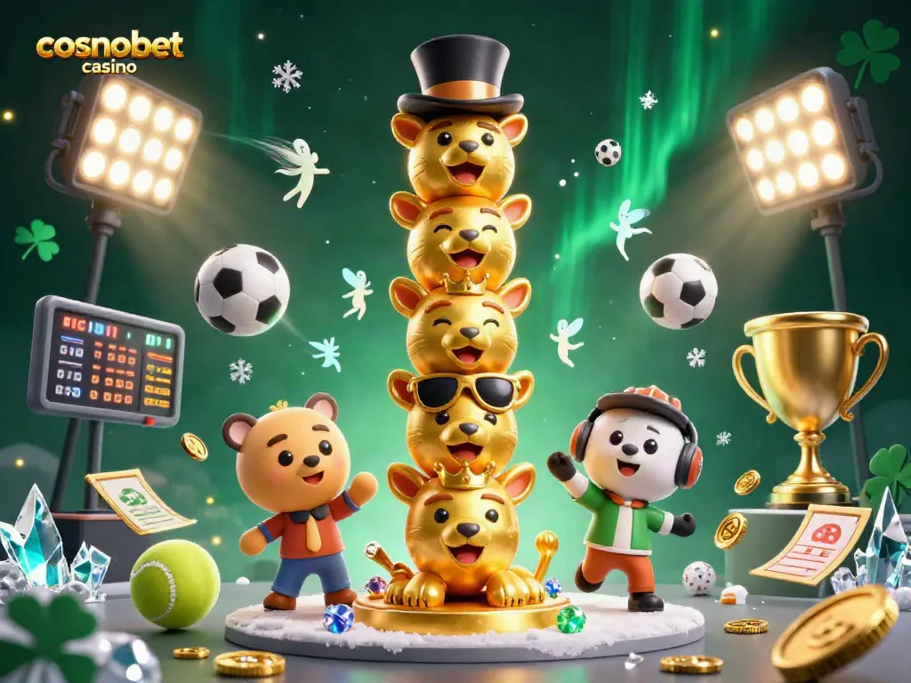 Experience the thrill of cosmobet casino with an ultra-detailed 3D illustration featuring dynamic sports elements, vibrant colors, and a golden totem.