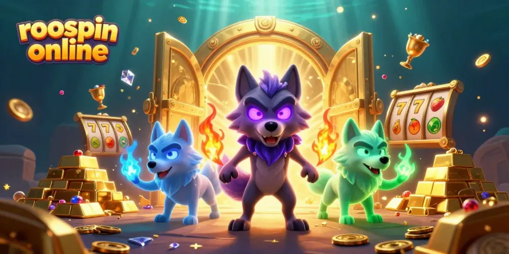 Experience the thrill of roospin online with vibrant casino-themed elements and ghostly wolf companions.