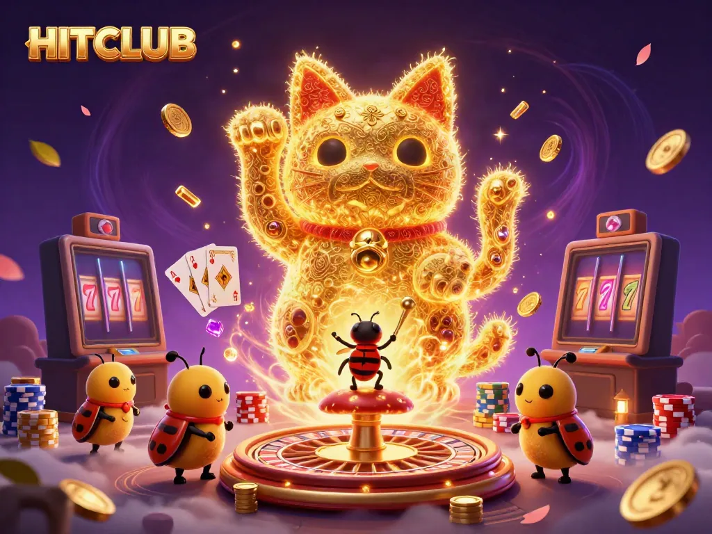 Engage with HITCLUB's vibrant casino experience showcasing a lucky cat and dynamic gaming symbols.