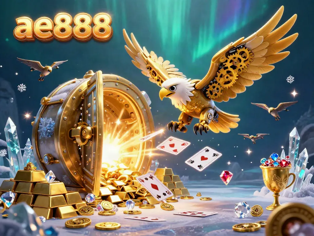 Engage in thrilling online casino gaming with ae888 as a golden cybernetic eagle dives through vibrant holographic cards.