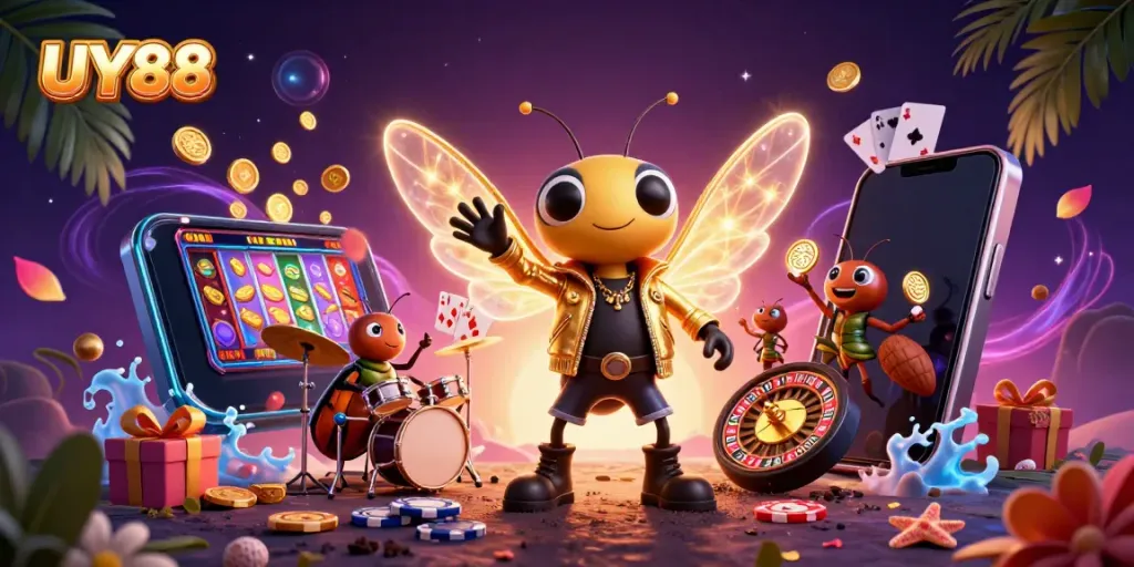Experience UY88's vibrant casino world with this colorful, dynamic 3D illustration