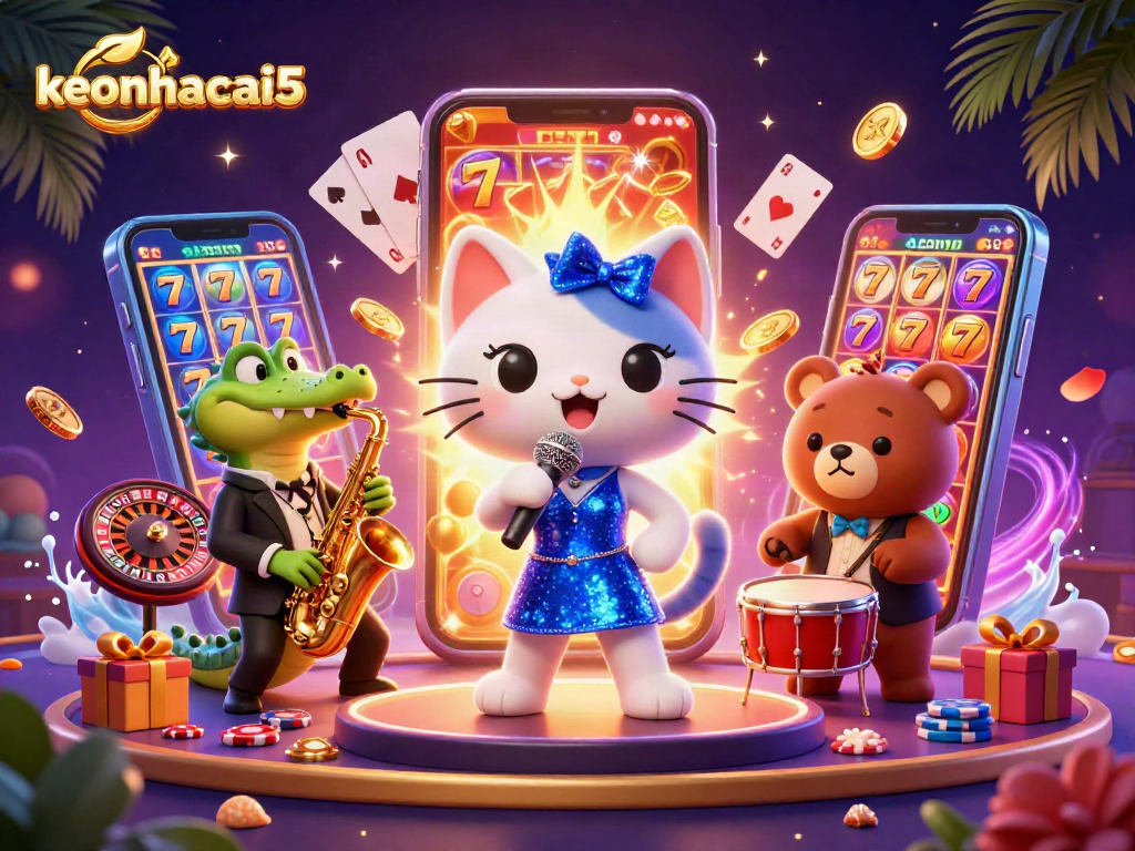 Join the fun at keonhacai5 with vibrant characters and exciting casino games in this lively 3D scene.