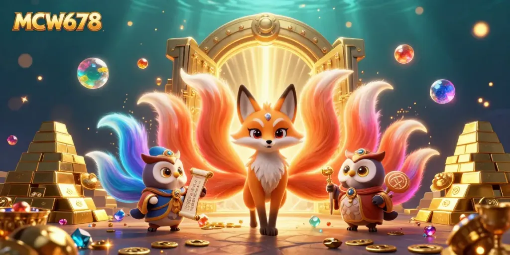 Experience the excitement of MCW678 with vibrant animated characters amidst a treasure-filled casino scene.