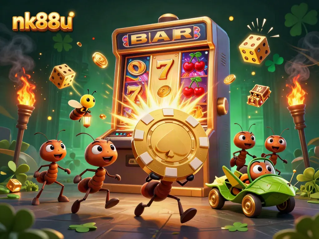 Watch as the nk88u ants carry giant poker chips in a vibrant casino heist scene.