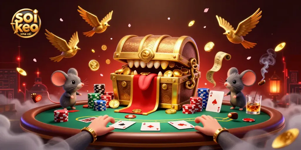Engage with the exciting soi keo nha cai scene featuring a treasure chest and poker elements.