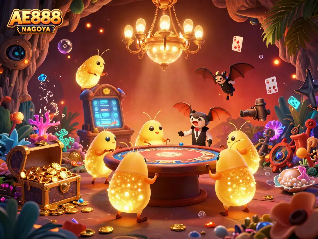 Experience the energetic glow of AE888 NAGOYA's vibrant cave casino brought to life with bioluminescent characters.