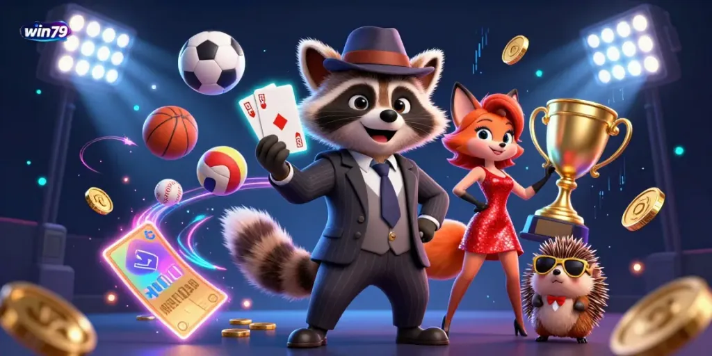 Experience the thrill of win79 with cartoon characters enjoying a dynamic casino atmosphere filled with vibrant betting elements.