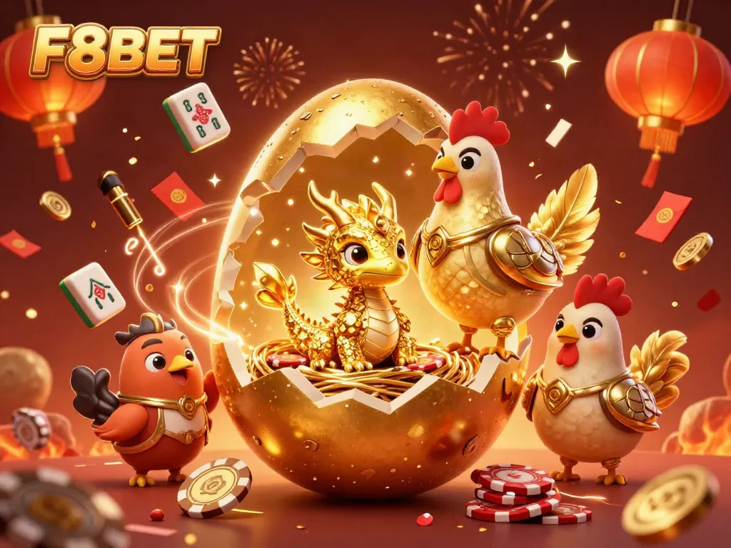 Experience the excitement of F8BET with a golden dragon guarding jackpots and poker chips in a vibrant casino.