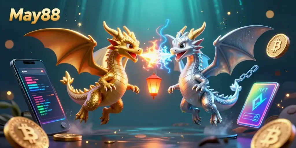 Experience the thrilling action at May88 with dynamic dragons and crypto elements in this immersive 3D illustration.