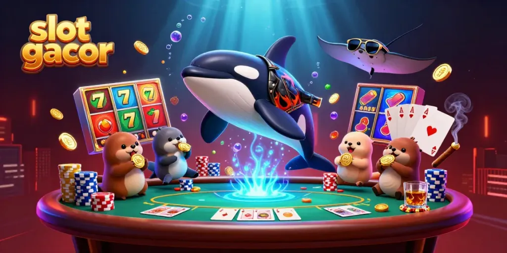 Experience slot gacor excitement with a dynamic underwater casino scene featuring a jumping orca and playful otters.