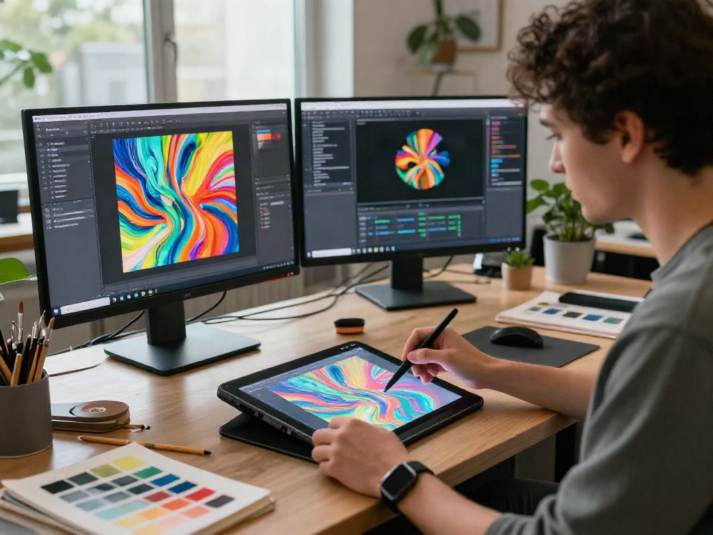 Creating vibrant AI-generated art in a dynamic studio, showcasing nsfw ai technology.