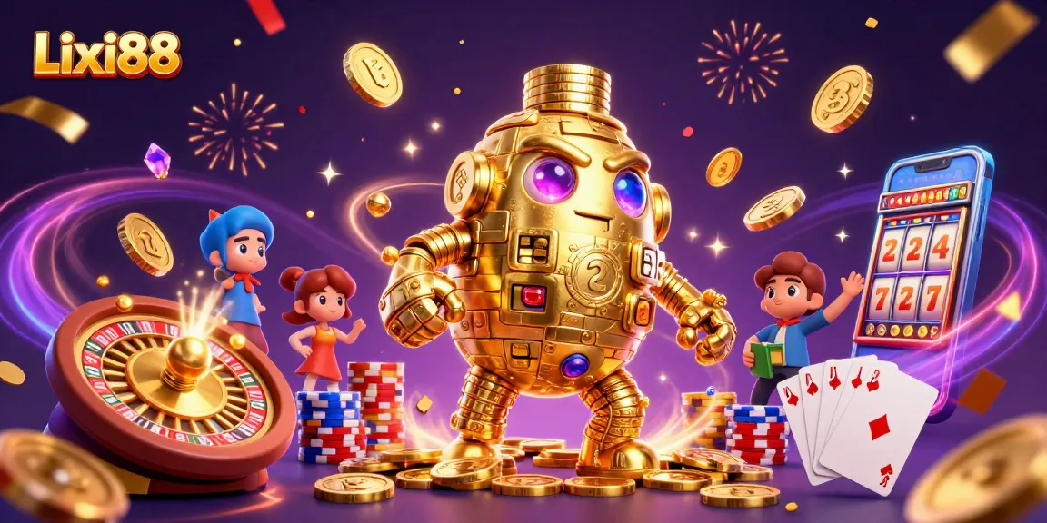 Lixi88 attracts players with a magical casino illustration showcasing golden golems and slot machines.