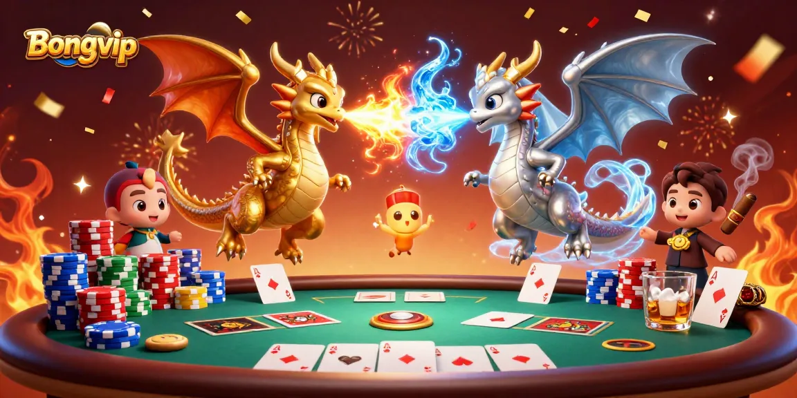 Bongvip showcases a thrilling casino atmosphere with twin dragons breathing fire and ice amid poker gaming elements.