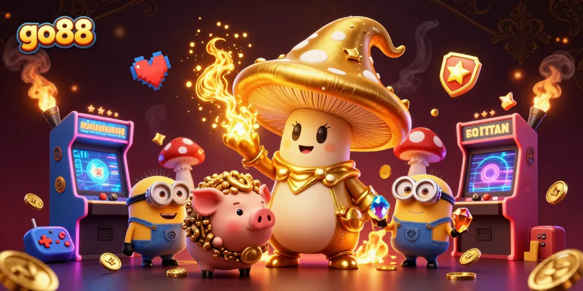 Experience the magic of go88 with a golden mushroom wizard turning treasures into gold amidst a vibrant casino scene.