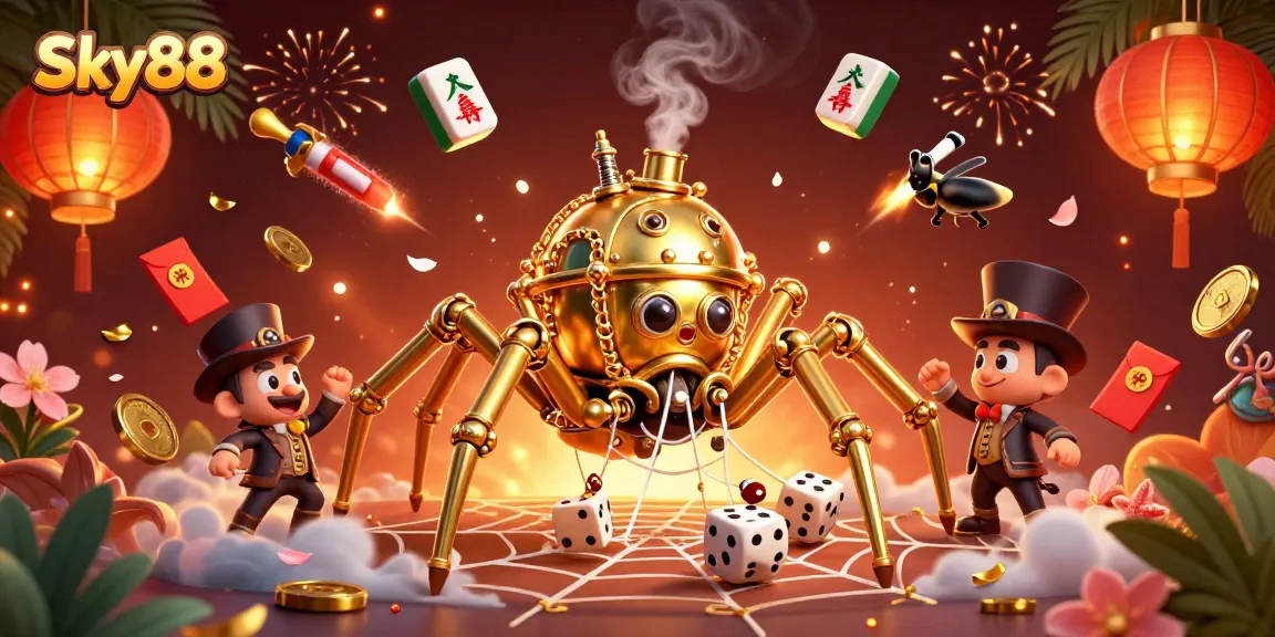Experience the vibrant world of Sky88, where playful steampunk characters catch dice and escape into a thriving casino atmosphere.