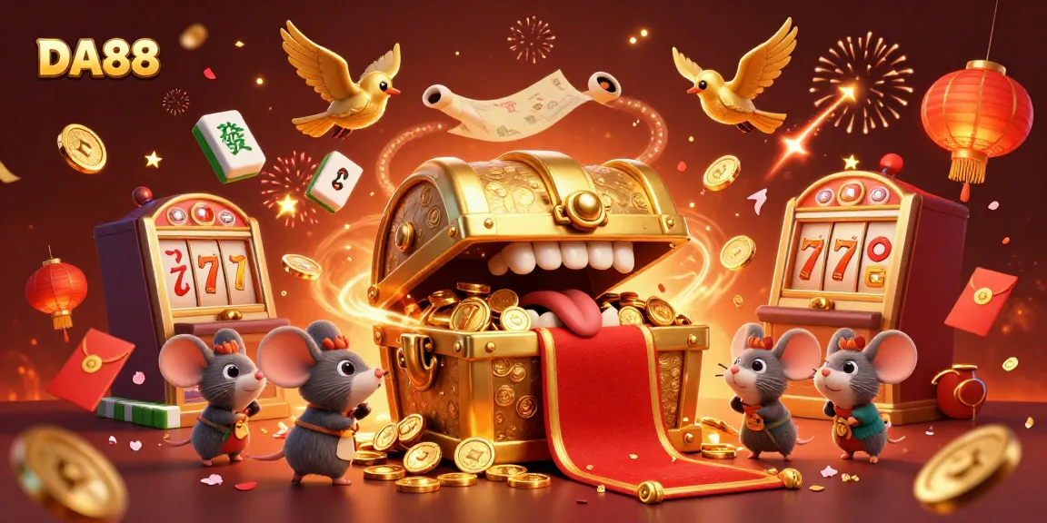 Win big with DA88 as adventurer mice are lured by a golden treasure chest in a vibrant casino scene.