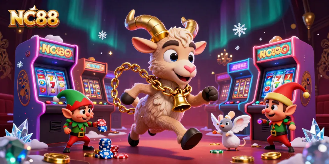 NC88 offers an exciting holiday-themed casino scene with 3D characters engaging in playful gambling activities.