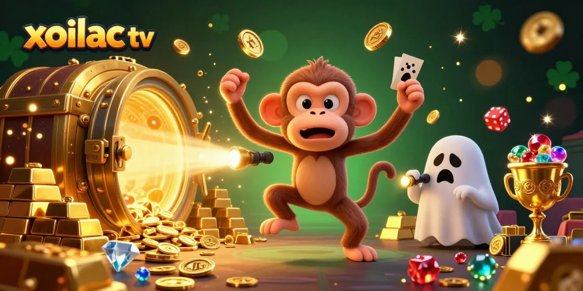 Xoilac TV showcases an engaging scene of a mischievous monkey juggling golden casino items in a haunted setting.
