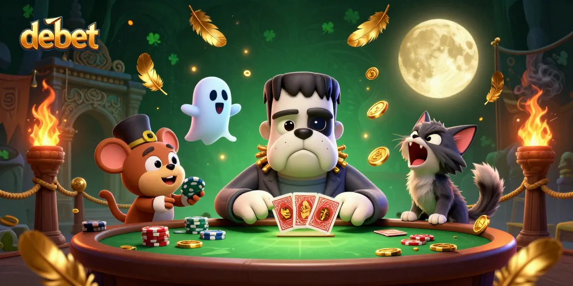 Engage with debet gameplay as a Frankenstein bulldog deals cards at a spooky casino table.