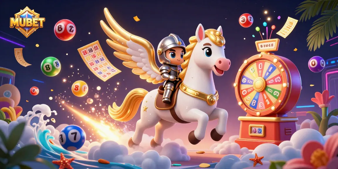MUBET showcases an energetic lottery-themed scene with vibrant colors, dynamic elements, and fantasy characters.