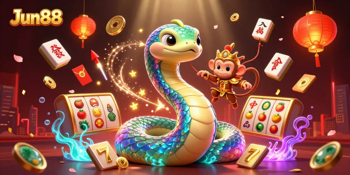 Experience thrilling gameplay at Jun88 casino with vibrant slot symbols, colorful fireflies, and a dynamic rainbow serpent.