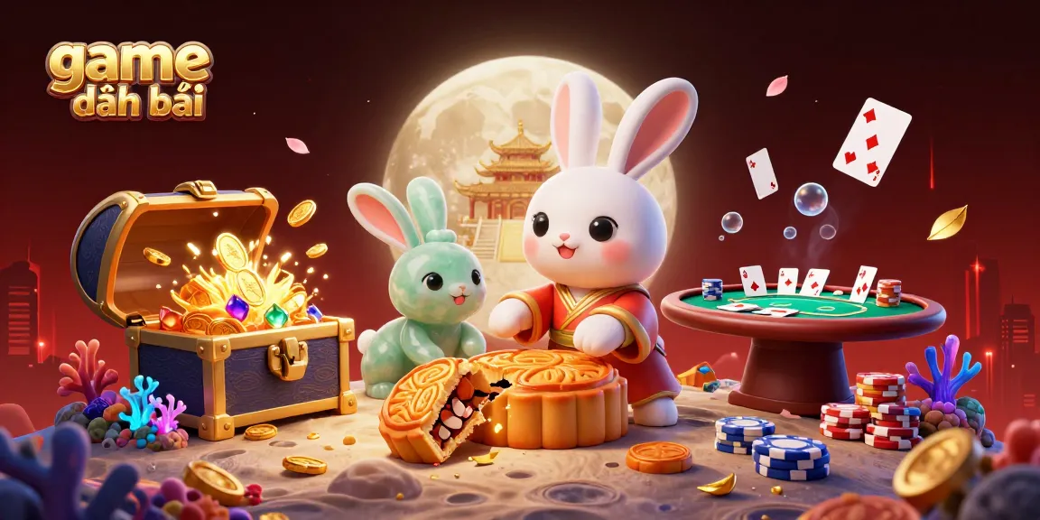 Experience the excitement of game đánh bài with captivating poker scene featuring mystical moon rabbit characters and dynamic casino elements.