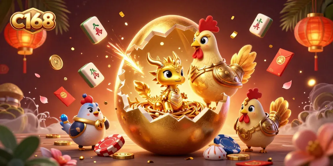 Experience the thrill of c168 with a glowing baby dragon and poker chips in vibrant 3D illustration.