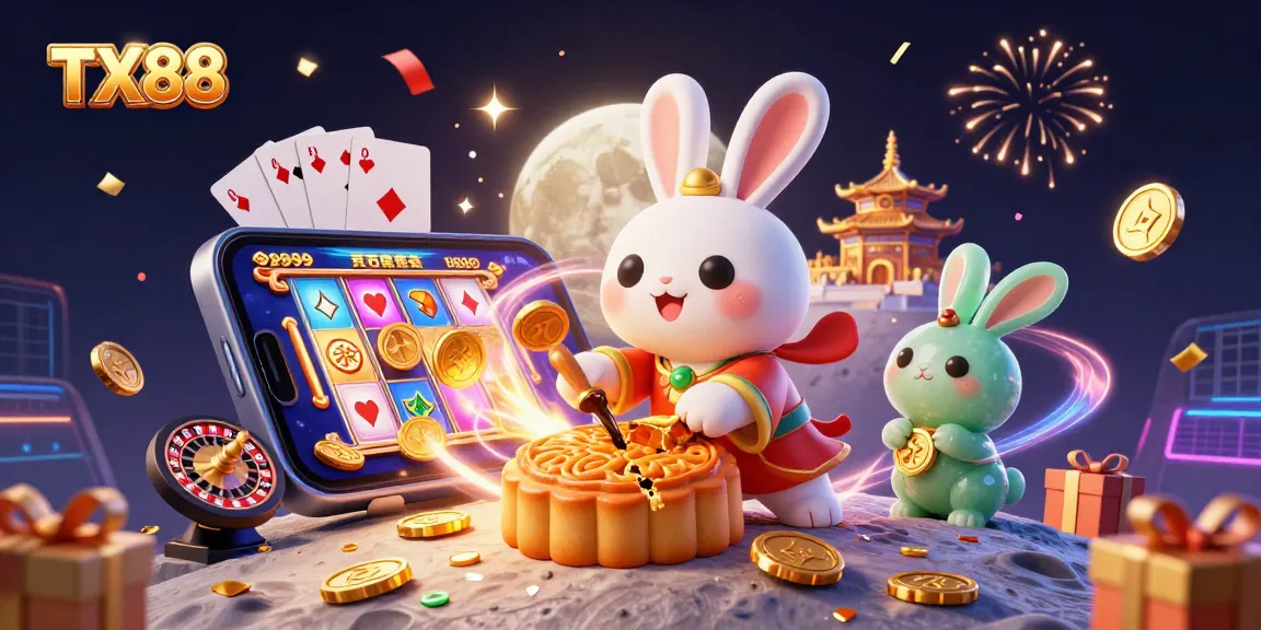 Experience TX88 excitement with a vivid casino scene featuring a moon rabbit and casino elements