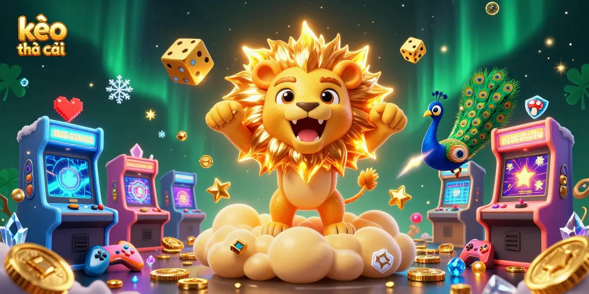 Experience the thrill of kèo nhà cái with a roaring lion, golden dice, and gaming excitement in vibrant colors.