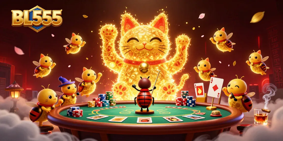 Engage with BL555's thrilling atmosphere as fireflies shape a lucky cat amidst vibrant casino scenes.