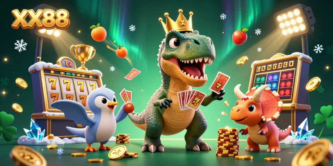 Experience the thrill of XX88 with a playful T-Rex shuffling cards in a vibrant casino scene.