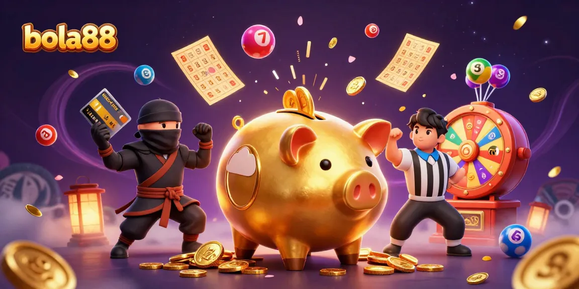 Gambarlah bola88 dengan garis besar karakter sumo, ninja, dan wasit dengan elemen permainan menarik.