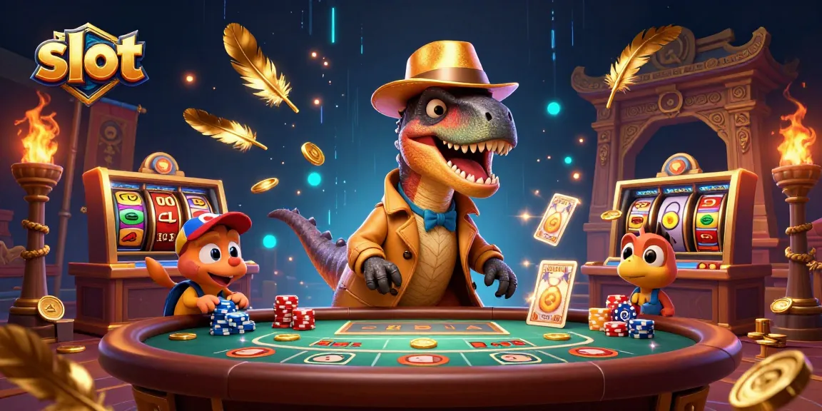 Spin slots with a vibrant cartoon scene featuring velociraptor card counters amidst gold coins and dynamic casino elements.