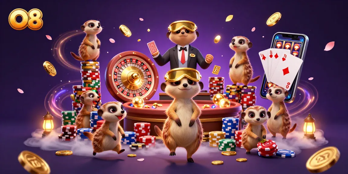 O8 meerkat casino scene with dealers, vibrant chips, and flying coins creates excitement.