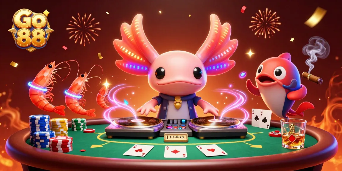Experience the vibrant Go 88 casino scene with a neon axolotl DJ surrounded by gaming elements.