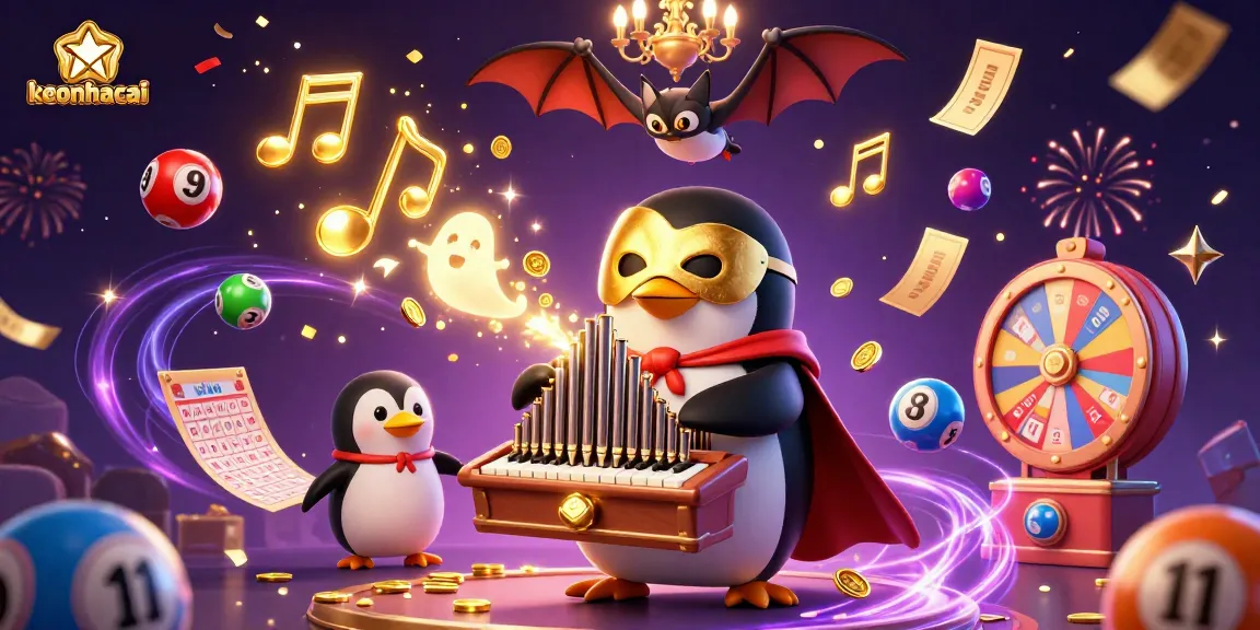 Engage with keonhacai as the penguin plays in a vibrant casino scene filled with dynamic lottery elements.