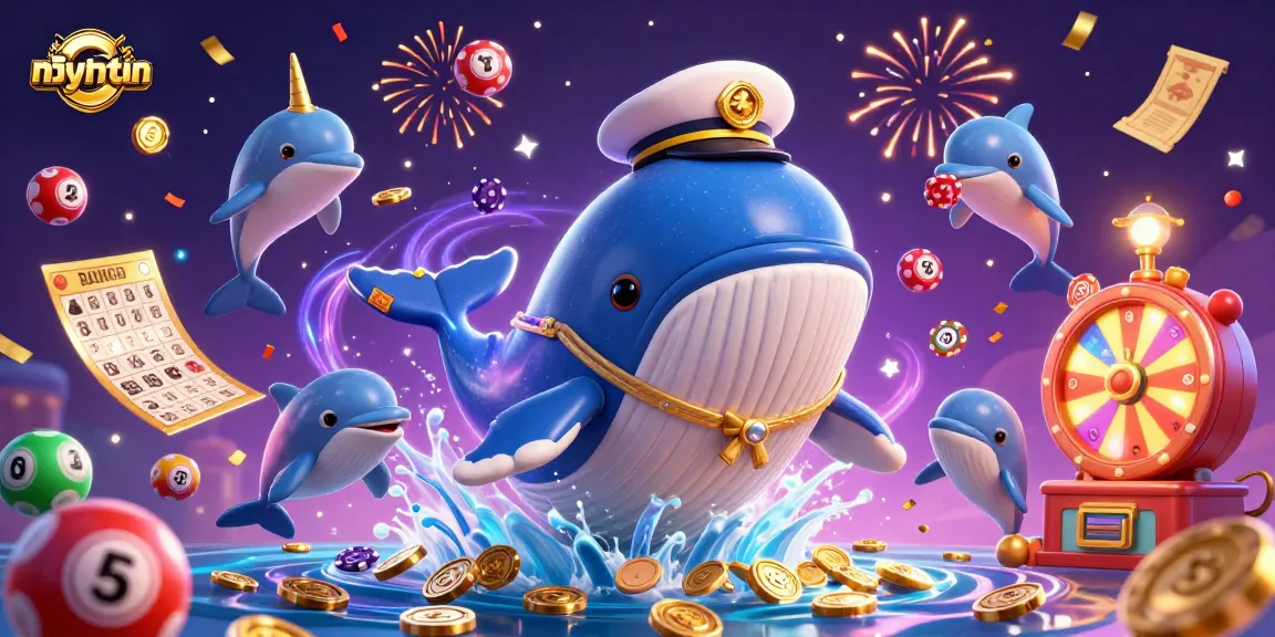 Engage with nhacaiuytin's vibrant casino scene featuring a playful whale, narwhal, and energetic dolphins.