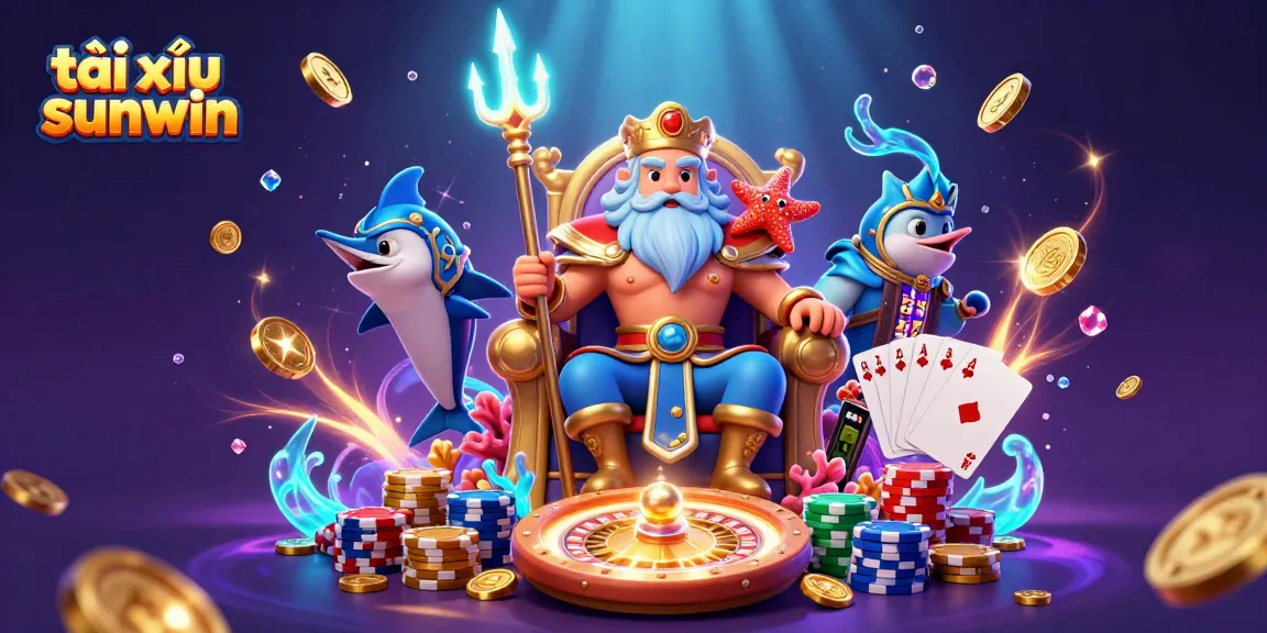 Engage in tài xỉu sunwin with Neptune surrounded by vibrant casino elements and glowing treasures.