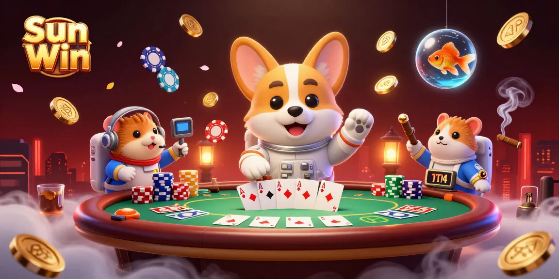 Sun Win thrills as an astronaut corgi floats amidst poker chips in an action-packed casino scene.