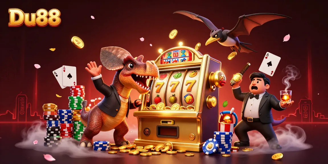 Du88 brings vibrant casino action with a pachycephalosaurus and slot machine jackpot scene.