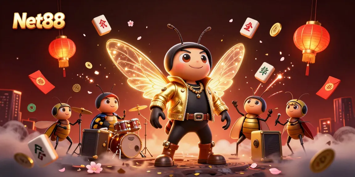 Experience the vibrant energy of Net88 with a 3D cartoon cicada rock star and a musical ensemble.