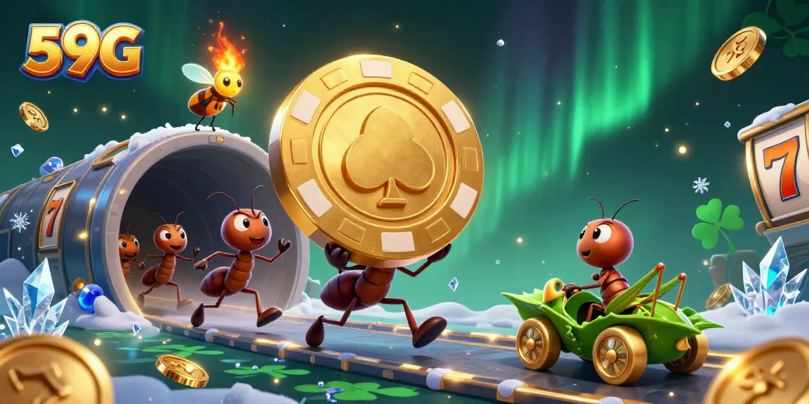 Engage in thrilling gameplay at 59G with ants stealthily heisting a golden poker chip.