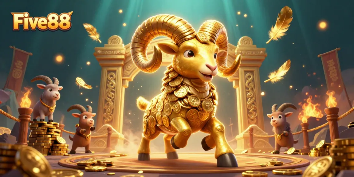 Join the thrilling action at Five88 casino with dynamic golden ram amidst game symbols.