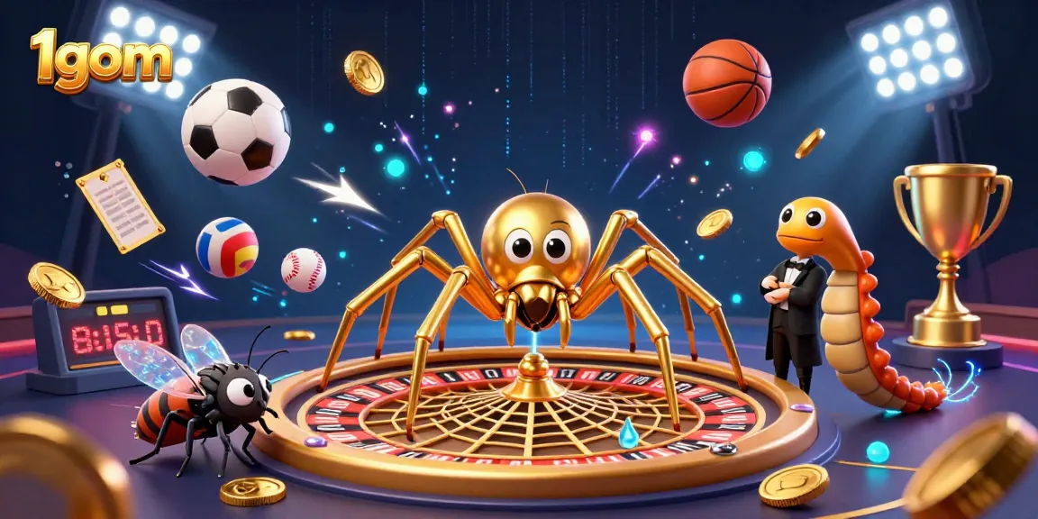 Betting with 1gom at a vibrant gaming scene featuring a spider roulette wheel and sports balls.