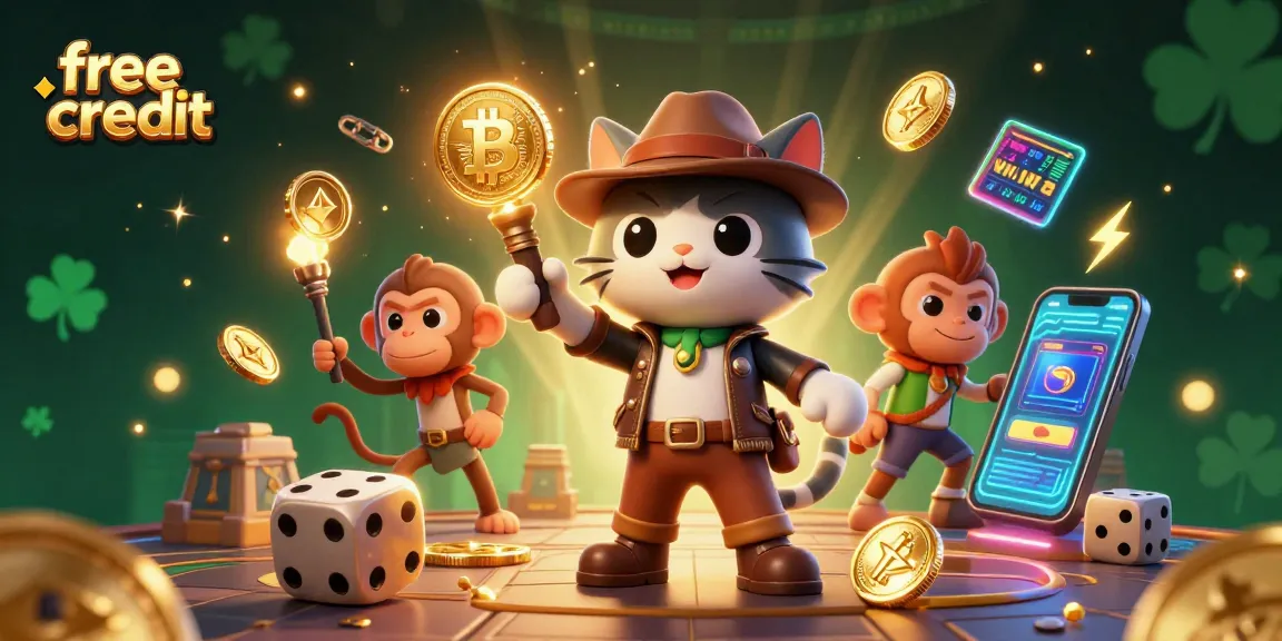 Explore exclusive free credit casino bonuses with a captivating scene featuring a cat archaeologist and 3D coins.