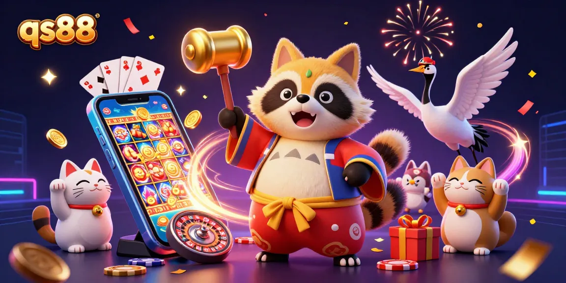 Spin to win with qs88: Cheerful tanuki and companions celebrate in a vibrant casino scene.