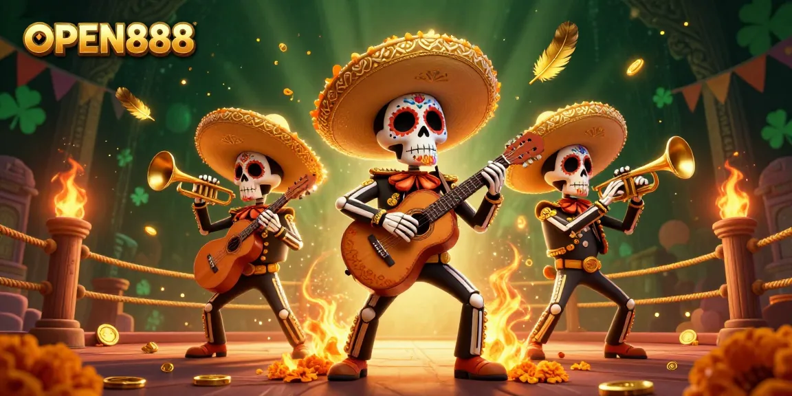 Experience OPEN888 excitement with a vibrant mariachis gaming celebration in a rich casino atmosphere.