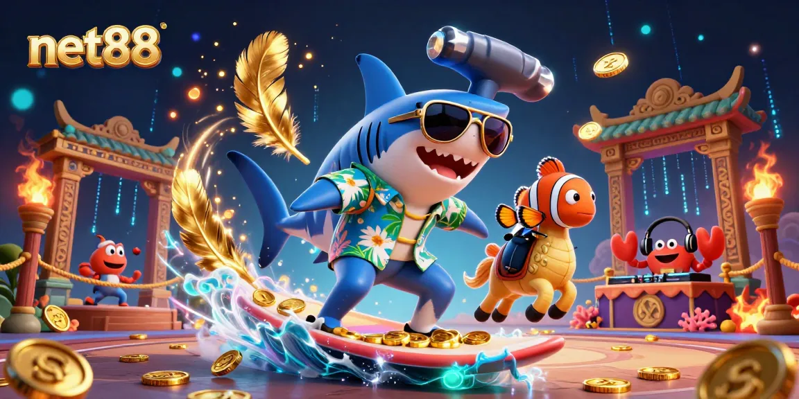 Engage with net88 sports betting as a shark surfs gold coins surrounded by vibrant casino elements.